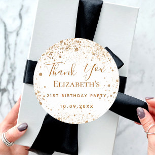 White gold glitter name birthday Thank You Classic Round Sticker