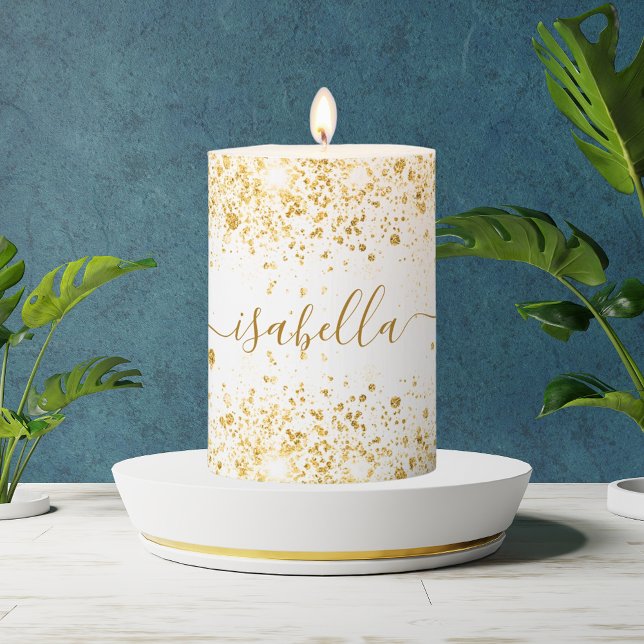 White gold glitter name script elegant pillar candle (Creator Uploaded)