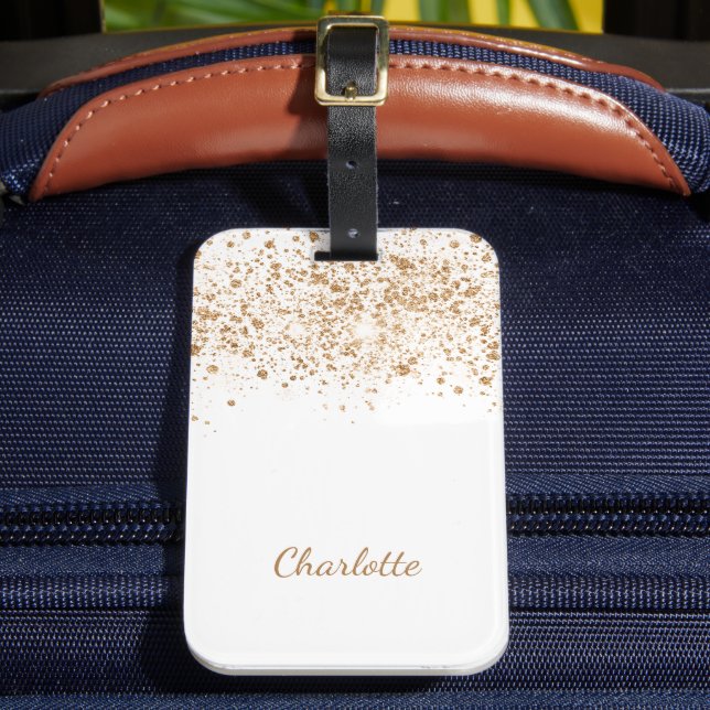 White gold glitter name script luggage tag (Front Insitu 2)