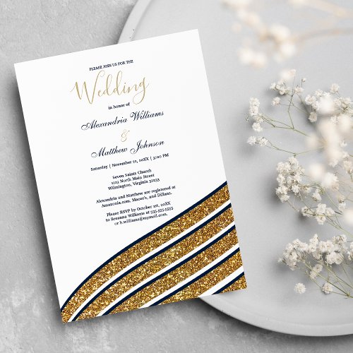 White gold glitter navy blue geometric Wedding Invitation