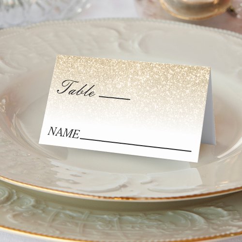 White  Gold Glitter Ombre Wedding Place Card