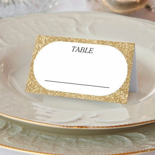 White  Gold Glitter Oval Wedding Reception Place Card