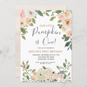 White Gold Glitter Pumpkin 1st Birthday Invitation