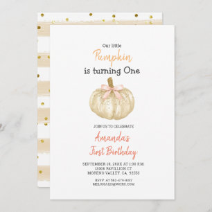 WHITE Gold Glitter Pumpkin 1st Birthday Invitation
