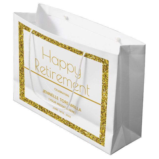White Gold Glitter Retirement Party Large Gift Bag (Front Angled)