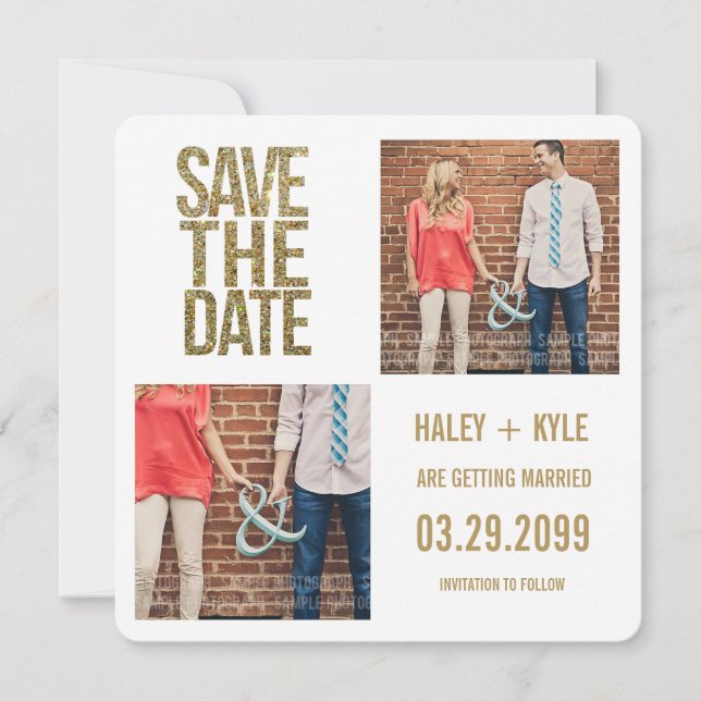 White & Gold Glitter Save the Date Photo Cards (Front)