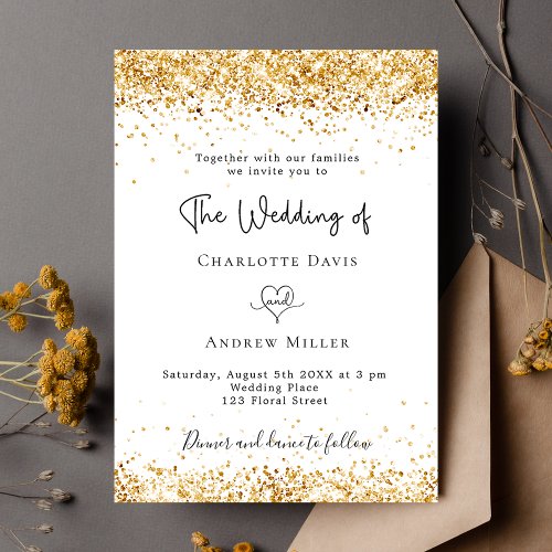 White gold glitter script elegant wedding invitation