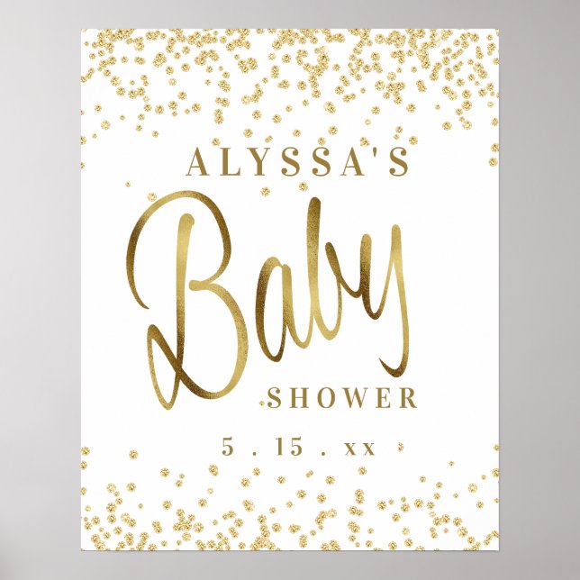 White Gold Glitter Script Font Baby Shower Poster (Front)