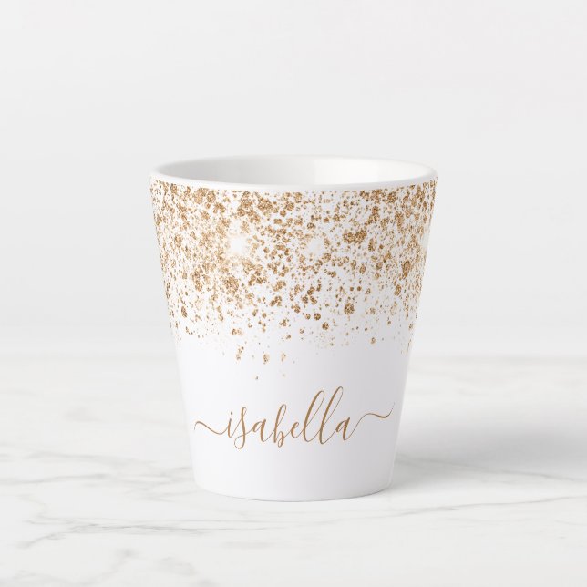 White gold glitter sparkles name script latte mug (Front)