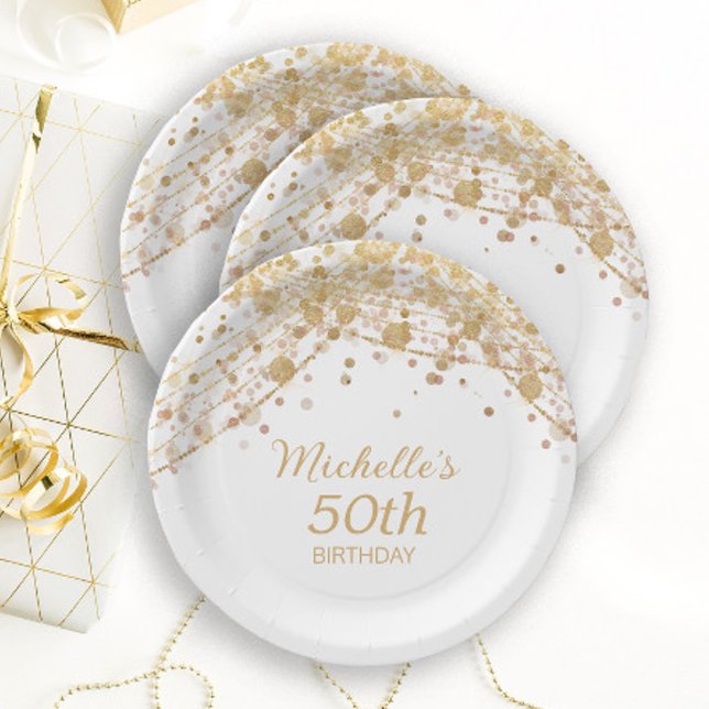 White Gold Glitter String Lights Birthday Party Paper Plates (Creator Uploaded)