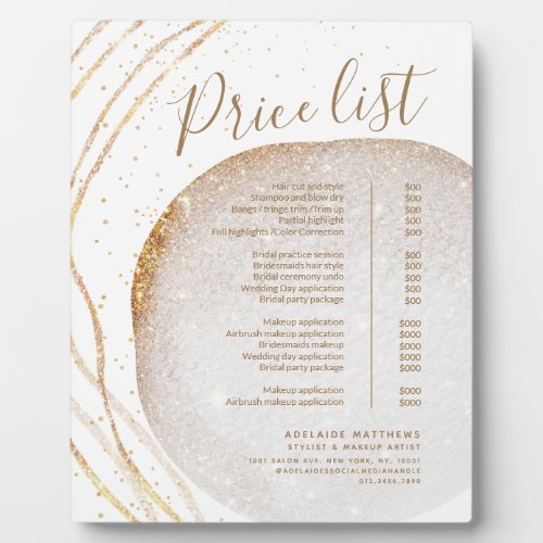 White Gold Glitter Stylist Salon Price List Menu Plaque