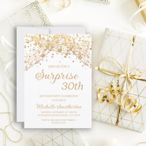 White Gold Glitter Surprise 30th Birthday Invitation