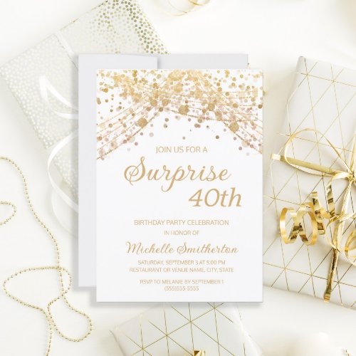 White Gold Glitter Surprise 40th Birthday Invitation