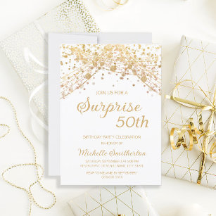 White Gold Glitter Surprise 50th Birthday Invitation