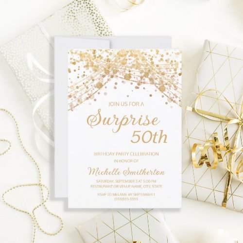 White Gold Glitter Surprise 50th Birthday Invitation