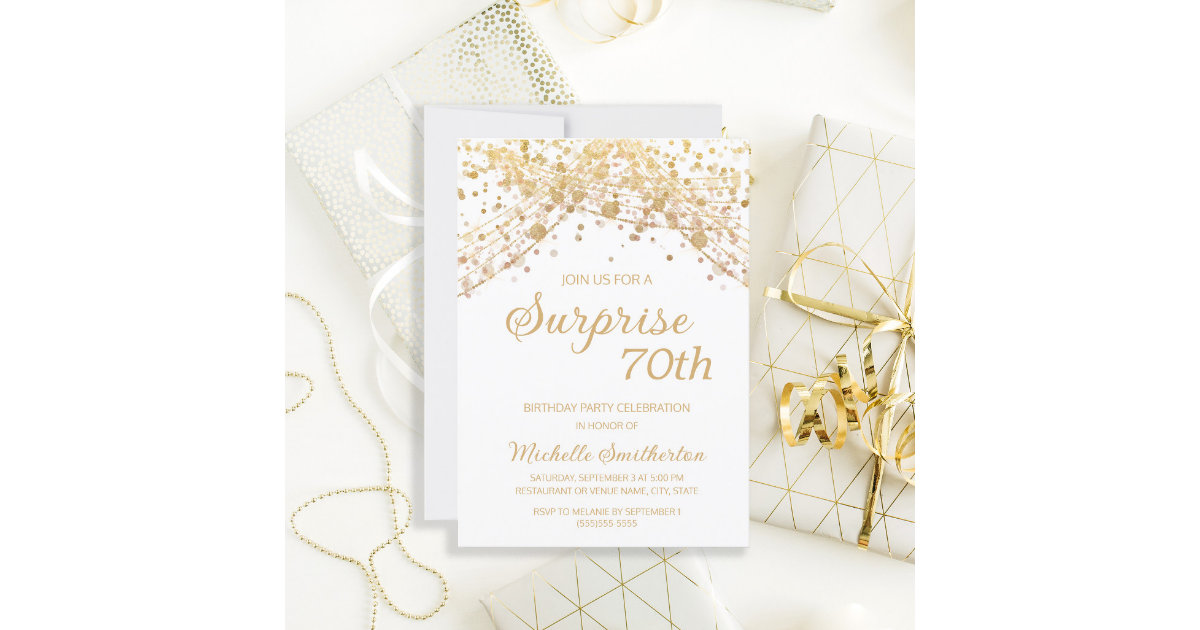 White Gold Glitter Surprise 70th Birthday Invitation | Zazzle