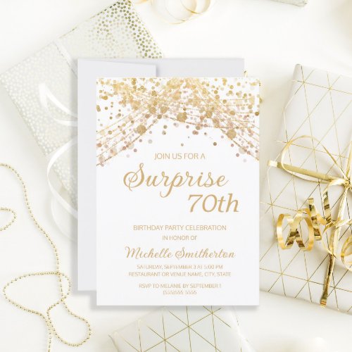 White Gold Glitter Surprise 70th Birthday Invitation