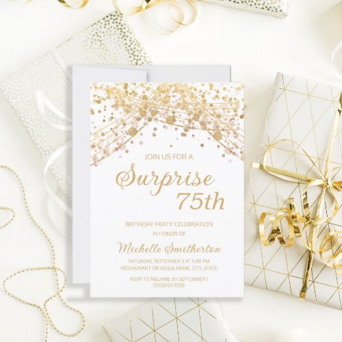 White Gold Glitter Surprise 75th Birthday Invitation