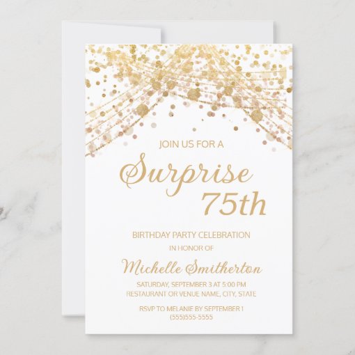 White Gold Glitter Surprise 75th Birthday Invitation | Zazzle