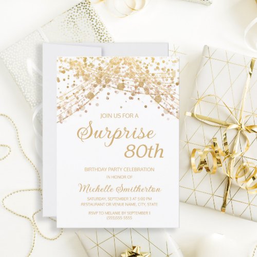 White Gold Glitter Surprise 80th Birthday  Invitation