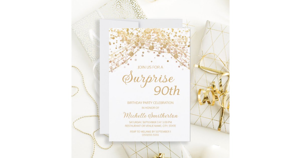 White Gold Glitter Surprise 90th Birthday Invitation 