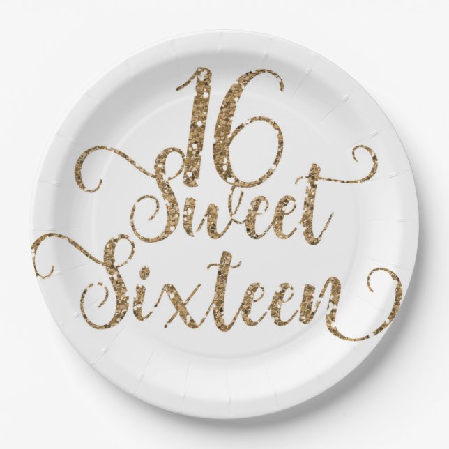 White & Gold Glitter Sweet 16 Birthday Party  Paper Plates (Front)
