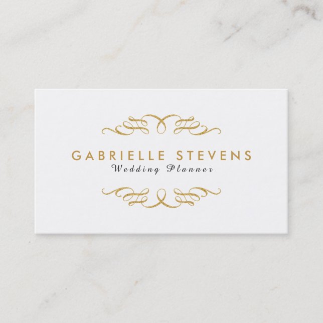 White & Gold Glitter Swirls Wedding Planner Business Card (Front)