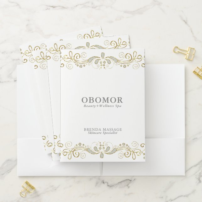 White & Gold Glitter Swirly Frame Pocket Folder (In Situ)