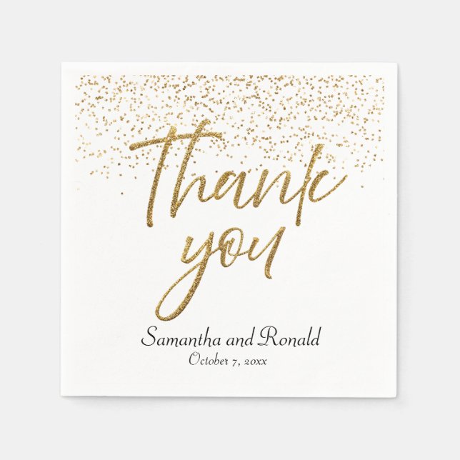White & Gold Glitter Thank You Wedding Napkins (Front)