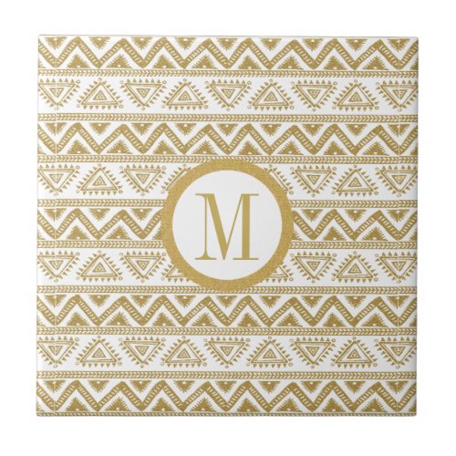 White  Gold Glitter Tribal Geometric Pattern Ceramic Tile