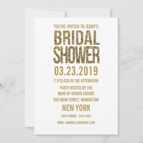 White Gold Glitter Typography Bridal Shower Invite