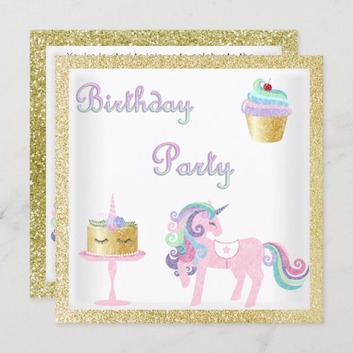 White Gold Glitter Unicorn Cake BIRTHDAY PARTY Invitation