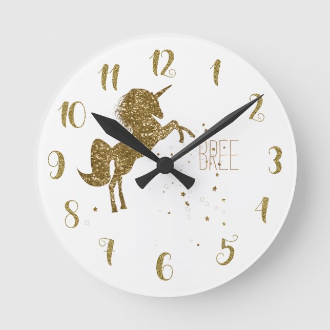 White & Gold Glitter Unicorn & Stars Personalized Round Clock (Front)