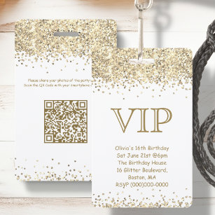 White & Gold Glitter   VIP Birthday Invitation Badge