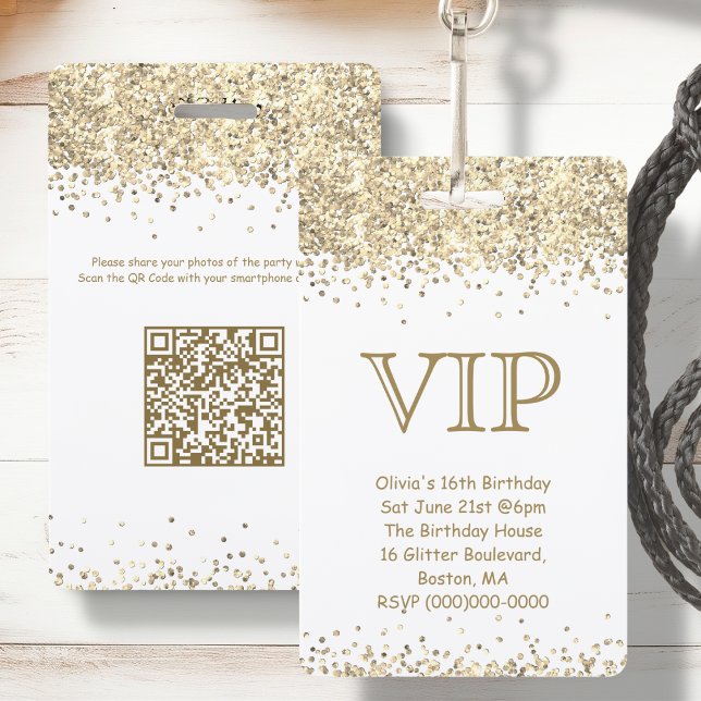 White & Gold Glitter | VIP Birthday Invitation Badge (Creator Uploaded)