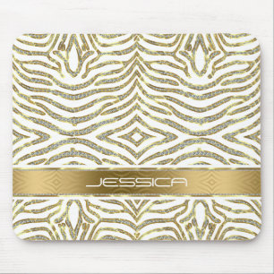 White & Gold Glitter With White Zebra Stripes Mouse Pad