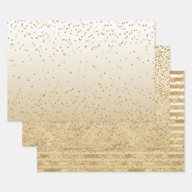 White Gold Glitz Sparkle Stripes Leopard      Wrapping Paper Sheets (Set)