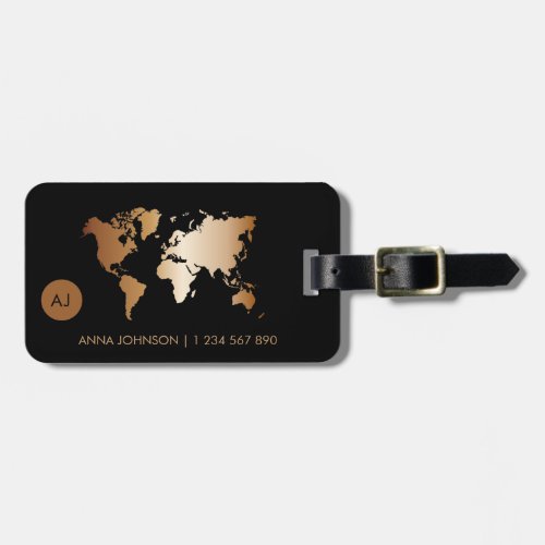 White Gold Gradient World Map Travel Monogram Name Luggage Tag