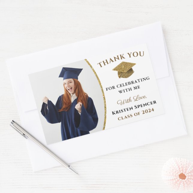 White Gold Graduate Photo Graduation Thank You Rectangular Sticker (Envelope)