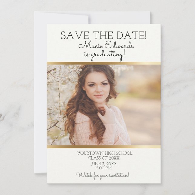 White Gold Graduation Save Date Photo Save The Date (Front)