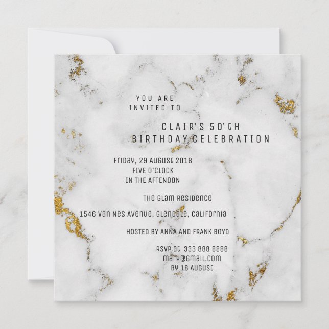 White Gold Gray Marble Geometric Square Party Invitation (Front)