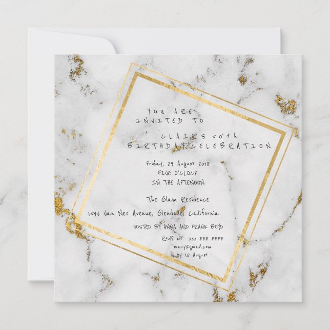 White Gold Gray Marble Geometric Square Party Invitation (Front)