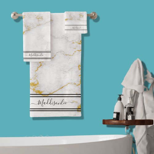 White Gold Gray Monogram Name Marble Custom Bath T Bath Towel Set