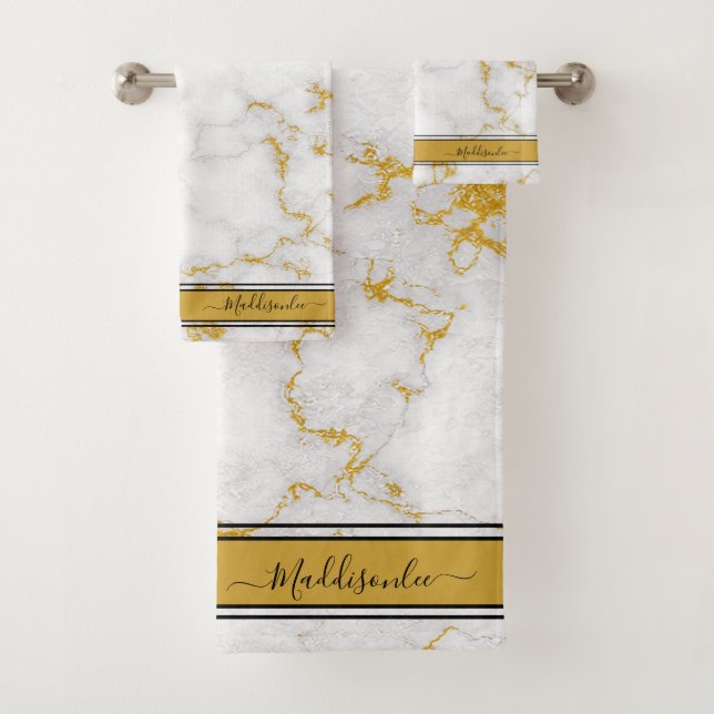White Gold Gray Monogram Name Marble Custom  Bath Towel Set (Insitu)