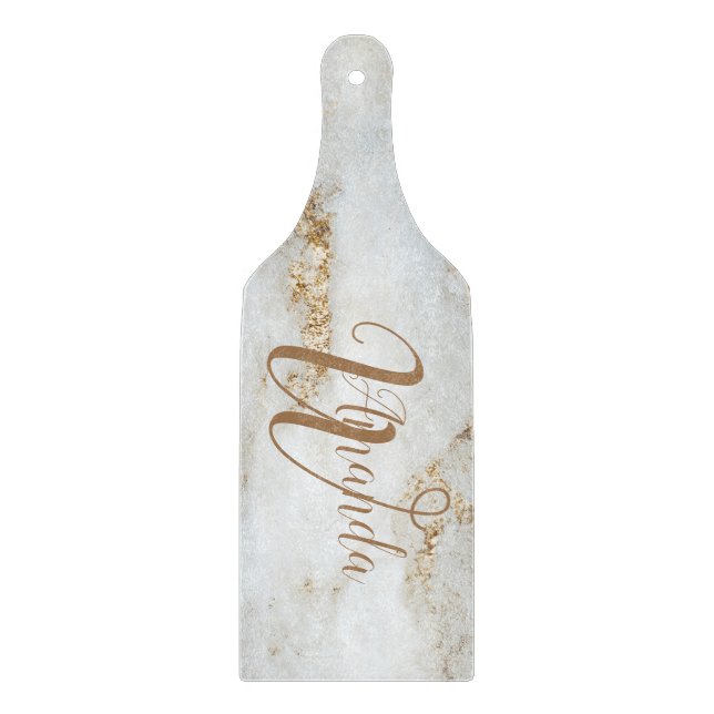 White Gold Gray Monogram Name Marble Cutting Board (Front)