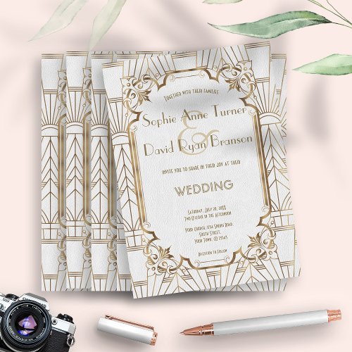 White Gold Great Gatsby Art Deco 1920s Wedding Invitation