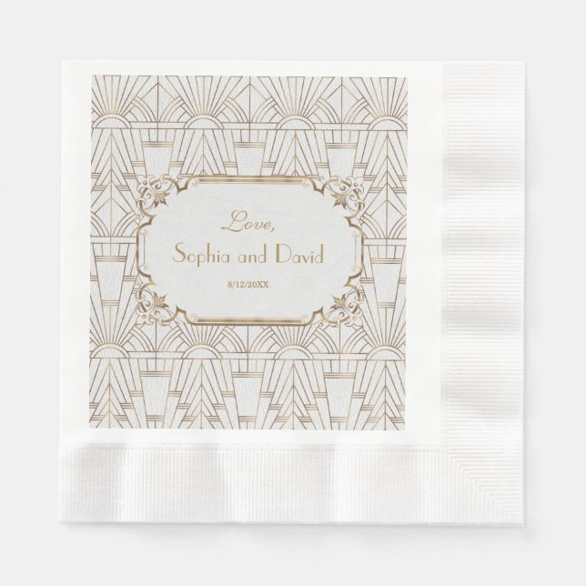 White Gold Great Gatsby Art Deco 1920s Wedding Paper Napkins (Front)