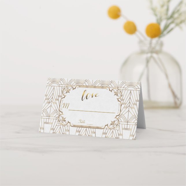 White Gold Great Gatsby Art Deco 1920s Wedding Place Card (Back)