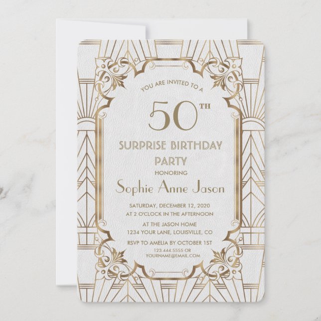 White Gold Great Gatsby Art Deco 50 Birthday Party Invitation (Front)