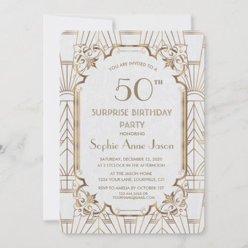 White Gold Great Gatsby Art Deco 50 Birthday Party Invitation